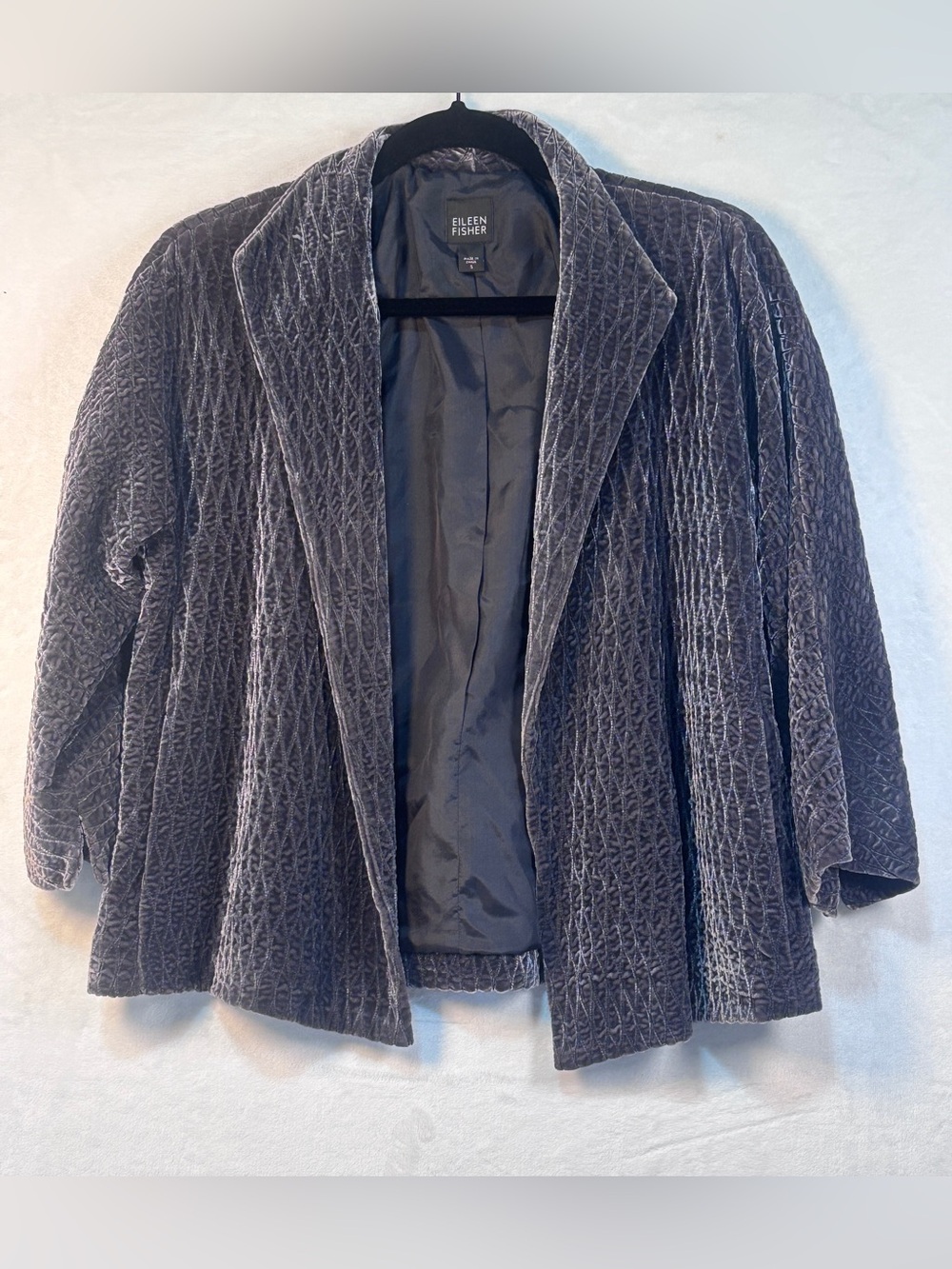 Eileen Fisher Quilted Velvet Rayon Gray Silk Open Front Swing Coat Jacket S